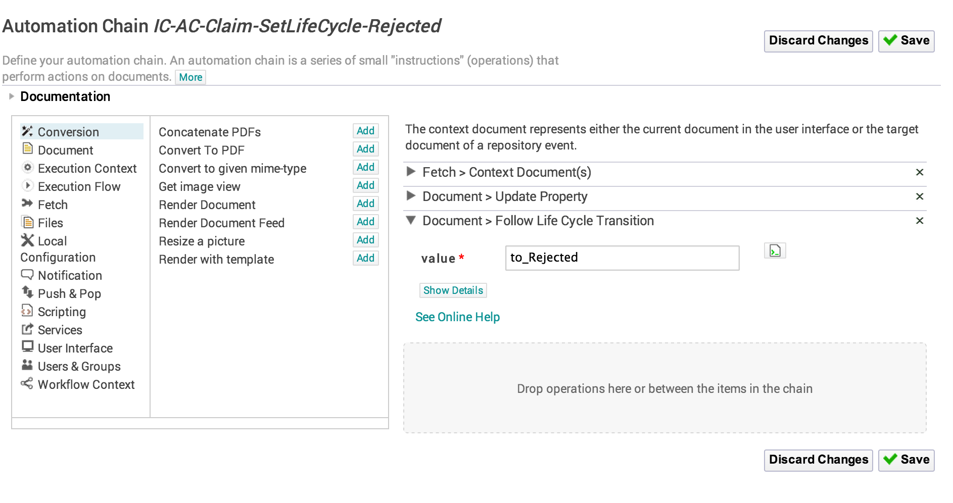 A simple automation chain designed in Nuxeo Studio