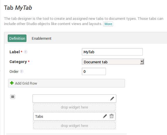 The parent tab configuration