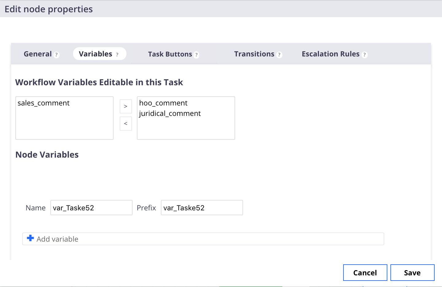 Node Variables Tab