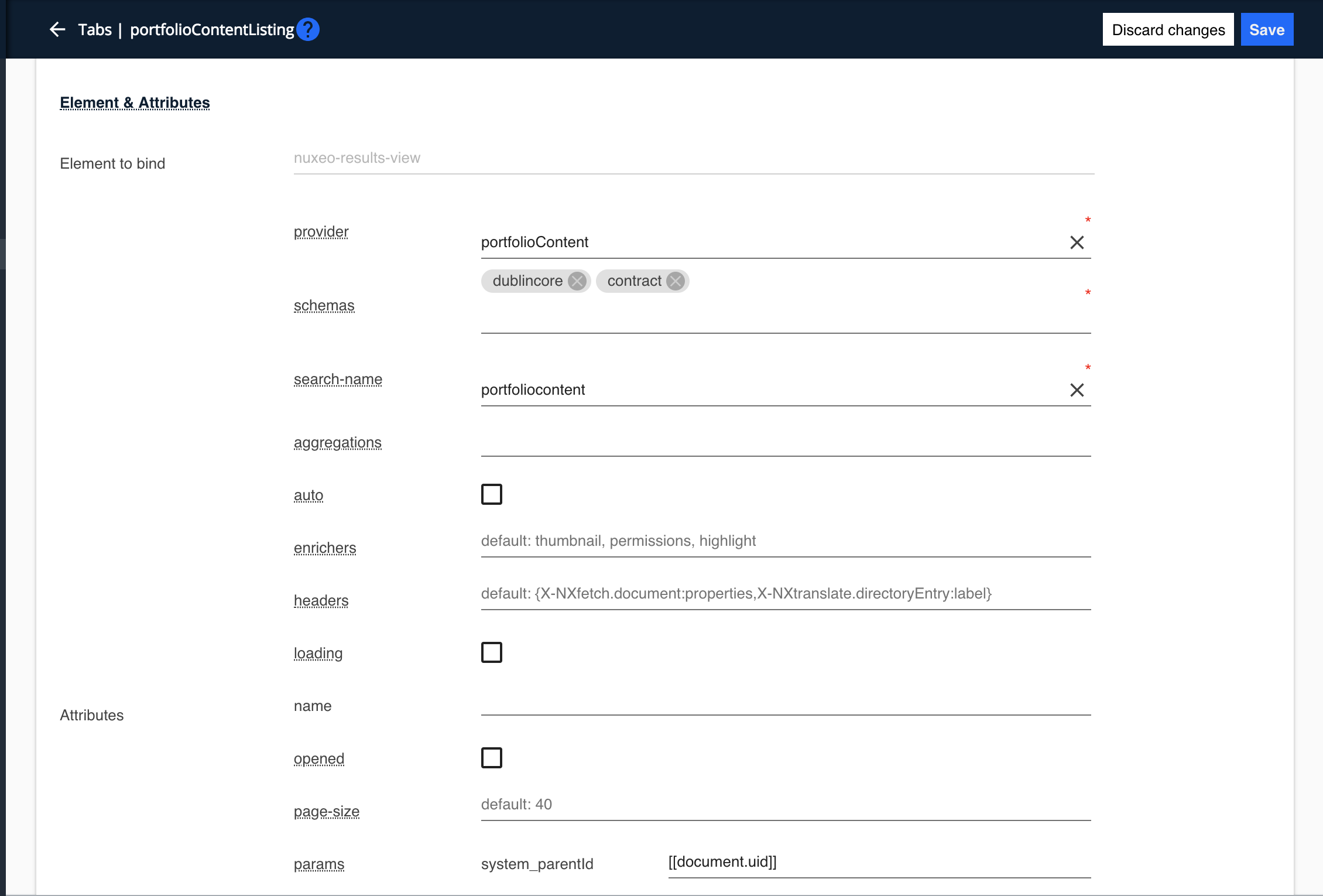 Mapped parameters portfolioContentListing