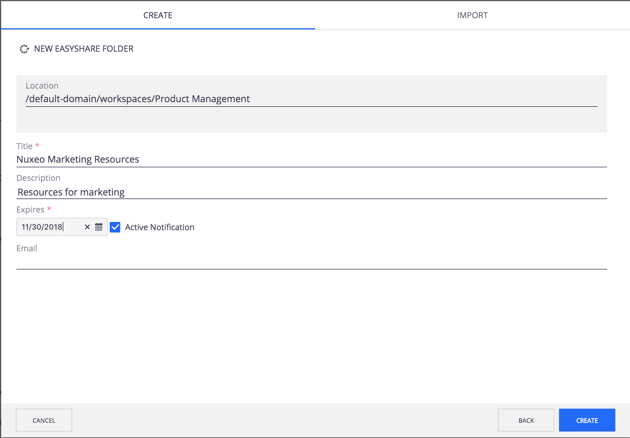 Easyshare New folder form